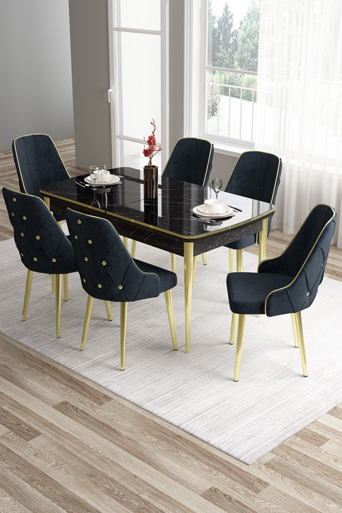 Concept Tia Serisi 80X132 Açılabilir Mdf Siyah Mermer Desen Gold Detay Masa Takımı Ve 6 Antrasit Sandalye