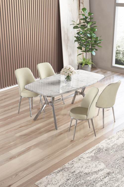 Concept Lena Serisi 90X160 Lak Panel Beyaz Mermer Desen Kromkaplama Ayaklı Masa Takımı Ve 4 Krem Sandalye