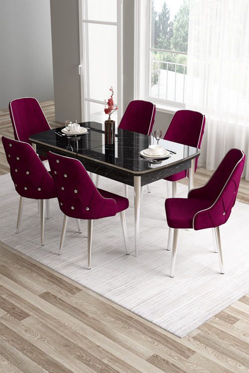 Concept Tia Serisi 80X132 Açılabilir Mdf Siyah Mermer Krom Detay Yemek Odası Takımı Ve 6 Mürdüm Sandalye