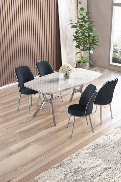 Concept Lena Serisi 90X160 Beyaz Mermer Desen Krom Kaplama Ayaklı Masa Takımı Ve 4 Antrasit Sandalye