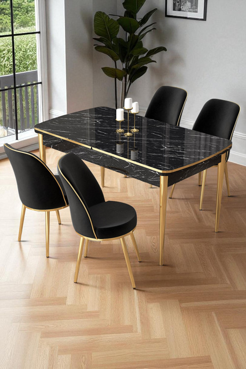 Concept Nira Serisi 70X114 Mdf Siyah Mermer Desen Mutfak Masa Takımı 4 Siyah Sandalye Gold Detay