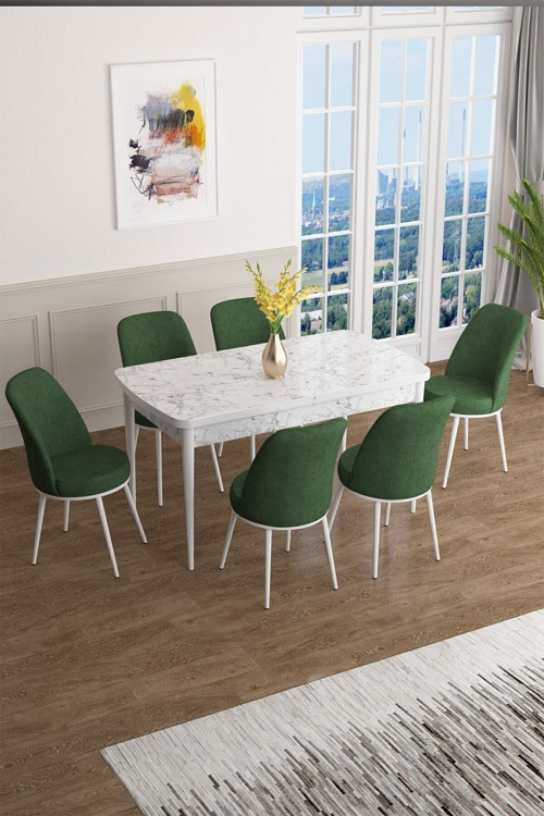 Concept Han Serisi 70X114 Açılabilir Mdf Mutfak Masası Takımı Beyaz Mermer Desen Masa 6 Haki Yeşil Sandalye