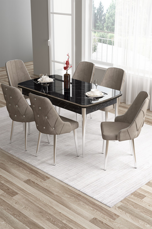 Concept Tia Serisi 80X132 Açılabilir Mdf Siyah Mermer Krom Detay Yemek Odası Takımı Ve 6 Cappucino Sandalye