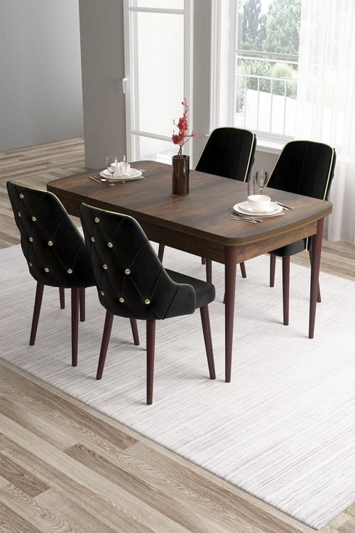 Concept Tia Serisi 80X132 Açılabilir Mdf Mutfak Masası Takımı Barok Desen Masa 4 Siyah Sandalye