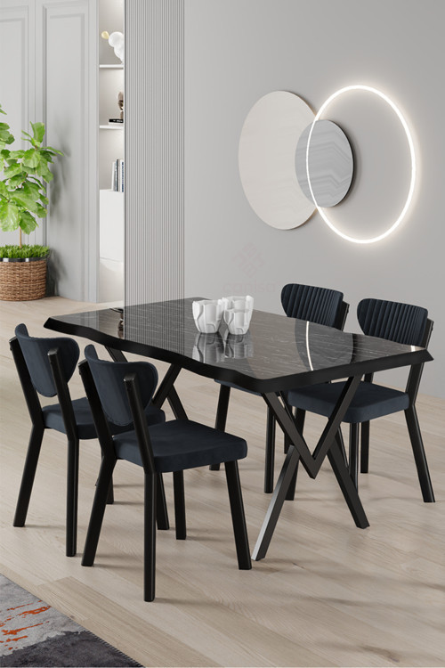 Concept Akort Serisi Mdf Sabit 80X130 Siyah Mermer Desen Mutfak Masası Takımı 4 Antrasit Sandalye