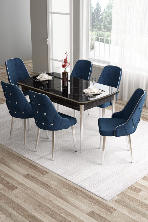 Concept Tia Serisi 80X132 Açılabilir Mdf Siyah Mermer Krom Detay Yemek Odası Takımı Ve 6 Lacivert Sandalye
