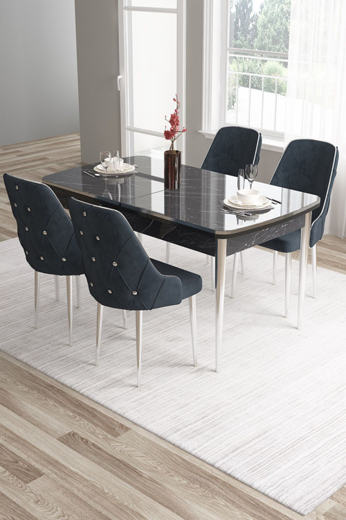 Concept Tia Serisi 80X132 Açılabilir Mdf Siyah Mermer Desen Krom Detay Masa Takımı Ve 4 Antrasit Sandalye