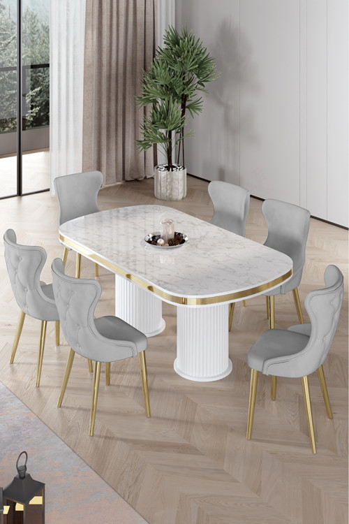 Concept Galya Serisi Lak Panel 90X168 Sabit Beyaz Mermer Desen Mutfak Masa Takımı 6 Gri Sandalye