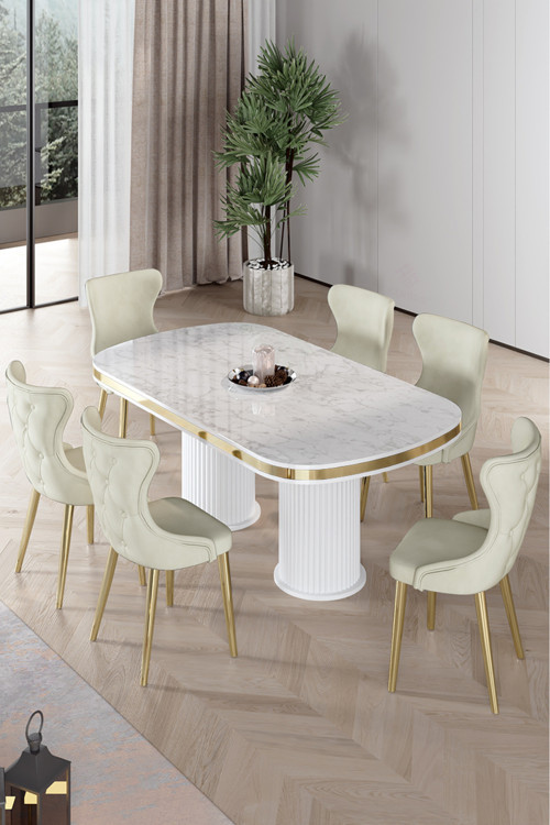 Concept Galya Serisi Lak Panel 90X168 Sabit Beyaz Mermer Desen Mutfak Masa Takımı 6 Krem Sandalye