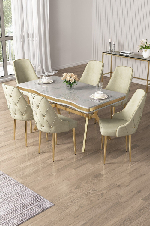 Concept Vae Serisi 90X160 Lak Panel Beyaz Mermer Desen Gold Ayak Masa Takımı 6 Krem Sandalye