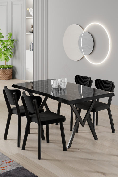 Concept Akort Serisi Mdf Sabit 80X130 Siyah Mermer Desen Mutfak Masası Takımı 4 Siyah Sandalye