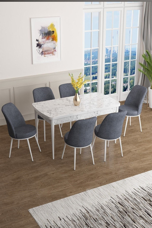 Concept Han Serisi 70X114 Açılabilir Mdf Mutfak Masası Takımı Beyaz Mermer Desen Masa 6 Füme Sandalye