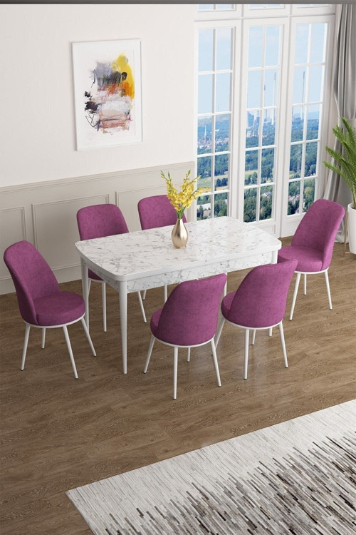 Concept Han Serisi 70X114 Açılabilir Mdf Mutfak Masası Takımı Beyaz Mermer Desen Masa 6 Kiremit Sandalye