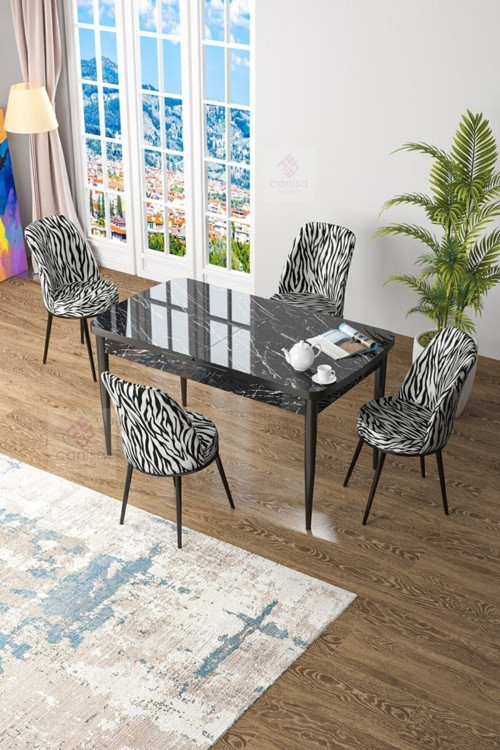 Zen Serisi 80x132 Mdf Açılabilir Siyah Mermer Desen Masa Takımı Ve 4 Zebra Sandalye