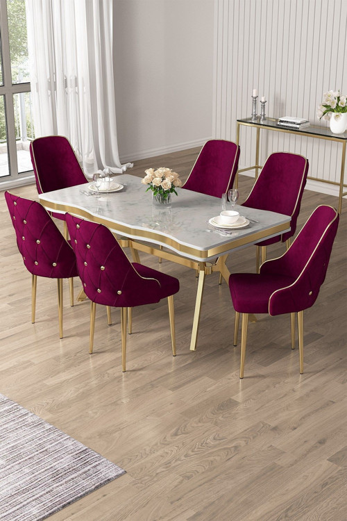 Concept Vae Serisi 90X160 Lak Panel Beyaz Mermer Desen Gold Ayak Masa Takımı 6 Mürdüm Sandalye