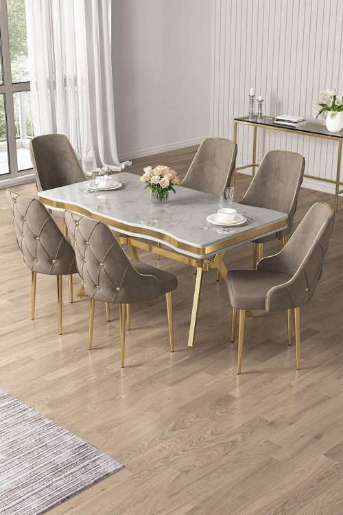 Concept Vae Serisi 90X160 Lak Panel Beyaz Mermer Desen Gold Ayak Masa Takımı 6 Cappucino Sandalye