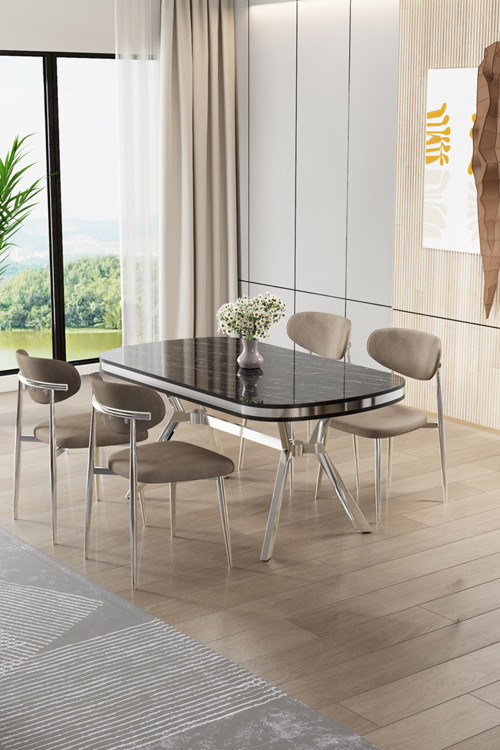 Concept Olya Serisi 90X168 Lak Panel Sonata Masa Takımı Krom Ayaklı 4 Cappucino Sandalye