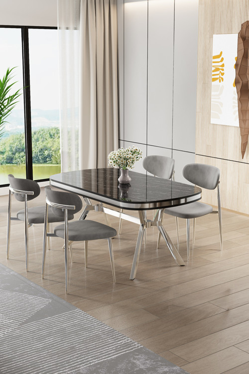 Concept Olya Serisi 90X168 Lak Panel Sonata Masa Takımı Krom Ayaklı 4 Gri Sandalye