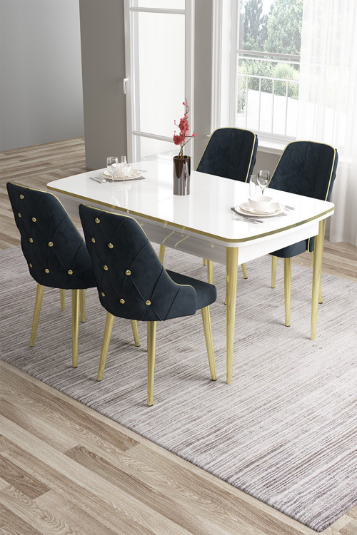 Concept Tia Serisi 80X132 Açılabilir Mdf Gold Detay Beyaz Masa Takımı Ve 4 Antrasit Sandalye