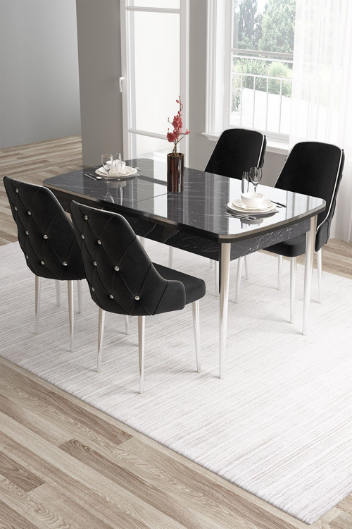 Concept Tia Serisi, Siyah Mermer Desen 80X132 Açılabilir Mdf Yemek Odası Takımı 4 Siyah Sandalye Gümüş Detay