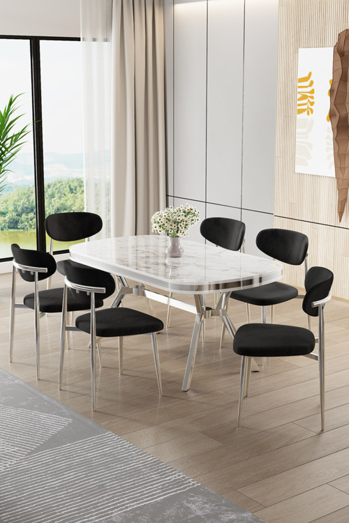 Concept Olya Serisi 90X168 Lak Panel Beyaz Mermer Desen Masa Takımı Krom Ayaklı 6 Siyah Sandalye
