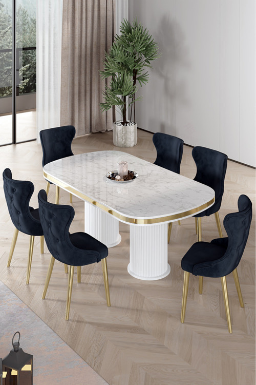Concept Galya Serisi Lak Panel 90X168 Sabit Beyaz Mermer Desen Mutfak Masa Takımı 6 Antrasit Sandalye