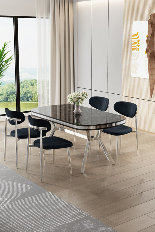 Concept Olya Serisi 90X168 Lak Panel Sonata Masa Takımı Krom Ayaklı 4 Antrasit Sandalye