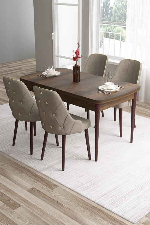 Concept Tia Serisi, Barok Ahşap Desen 80X132 Açılabilir Mdf Mutfak Masası 4 Cappucino Sandalye Gold Detay