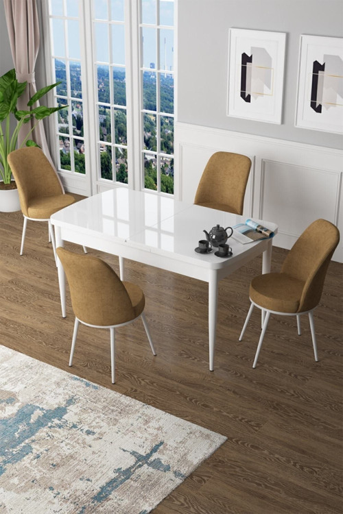 Zen Serisi 80x132 Mdf Açılabilir Beyaz Masa Takımı Ve 4 Cappucino Sandalye