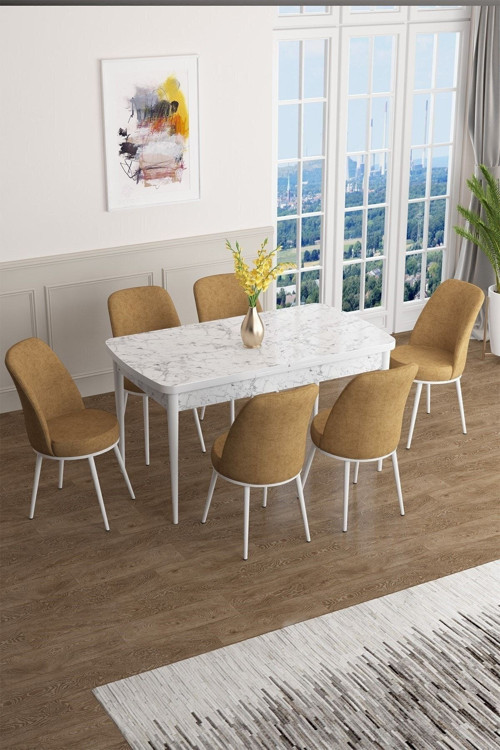 Concept Han Serisi 70X114 Açılabilir Mdf Mutfak Masası Takımı Beyaz Mermer Desen Masa 6 Cappucino Sandalye