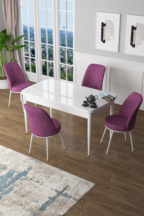 Zen Serisi 80x132 Mdf Açılabilir Beyaz Masa Takımı Ve 4 Mor Sandalye