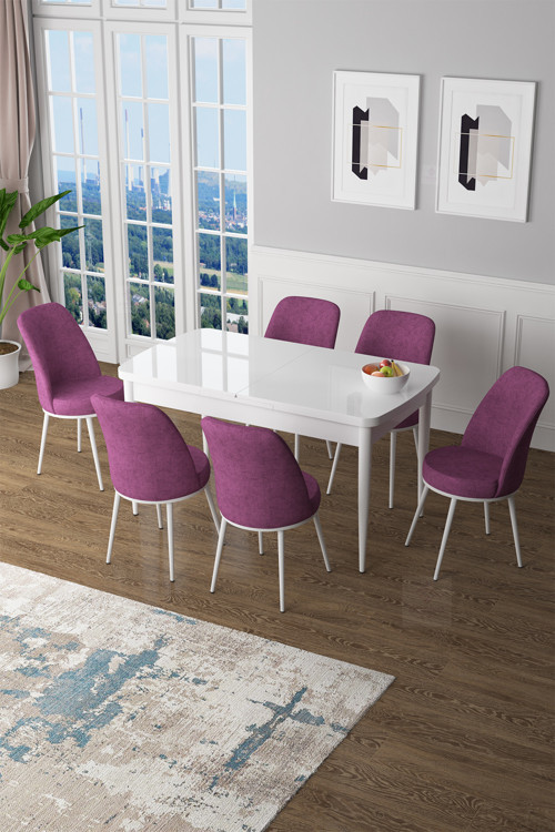 Concept Zen Serisi 80X132 Mdf Açılabilir Beyaz Masa Takımı Ve 6 Mor Sandalye