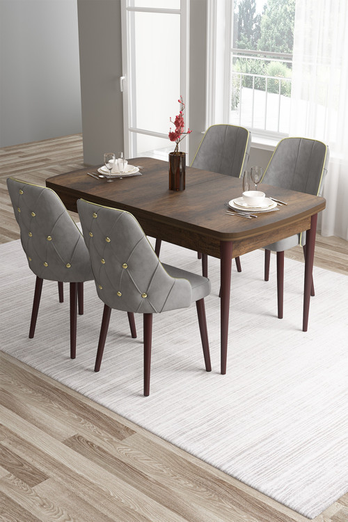 Concept Tia Serisi 80X132 Açılabilir Mdf Mutfak Masası Takımı Barok Desen Masa 4 Gri Sandalye