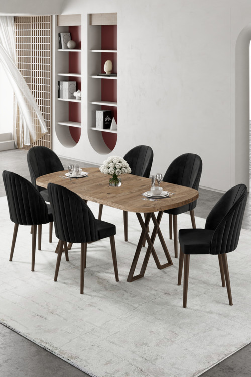 Concept Kaye Serisi Mdf 90X168 Atlantik Çam Mutfak Masa Takımı 6 Siyah Sandalye
