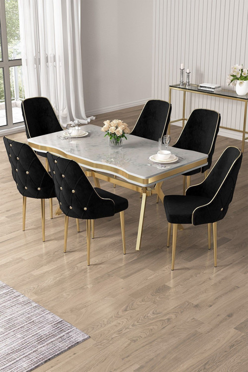 Concept Vae Serisi 90X160 Lak Panel Beyaz Mermer Desen Gold Ayak Masa Takımı 6 Siyah Sandalye