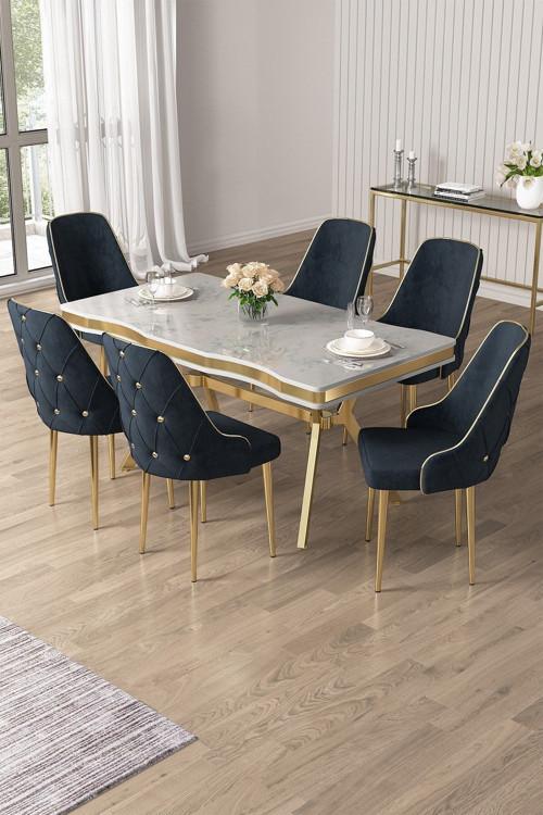 Concept Vae Serisi 90X160 Lak Panel Beyaz Mermer Desen Gold Ayak Masa Takımı 6 Antrasit Sandalye
