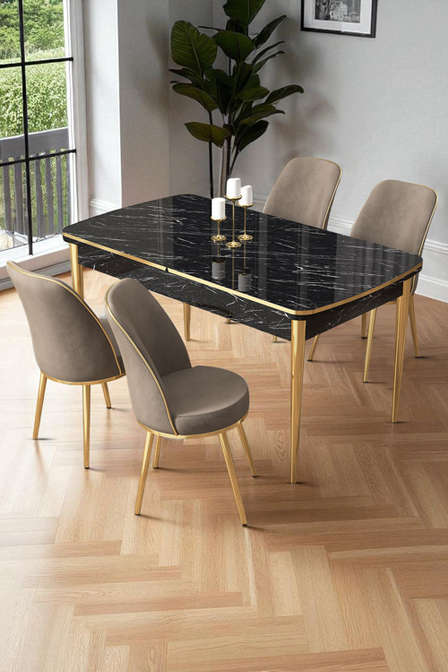 Concept Nira Serisi 70X114 Mdf Siyah Mermer Desen Mutfak Masa Takımı 4 Cappucino Sandalye Gold Detay