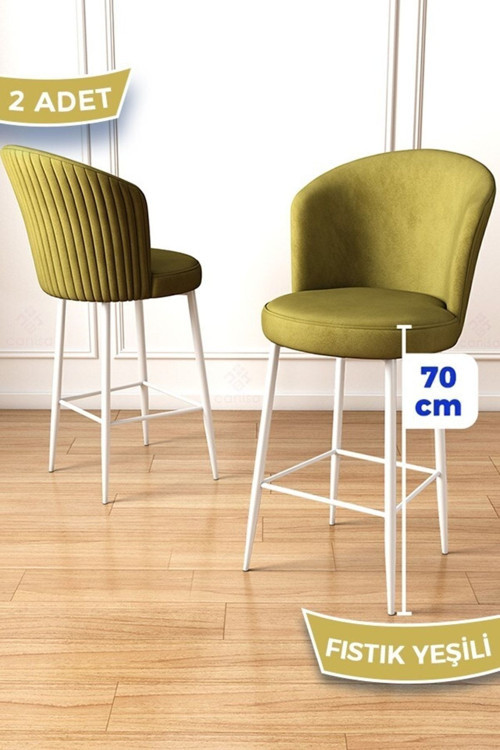 Concept Fora Serisi 2 Adet Fıstık Yeşili Sandalye Ada Mutfak Bar Sandalyesi Beyaz Metal Ayak Babyface Kumaş