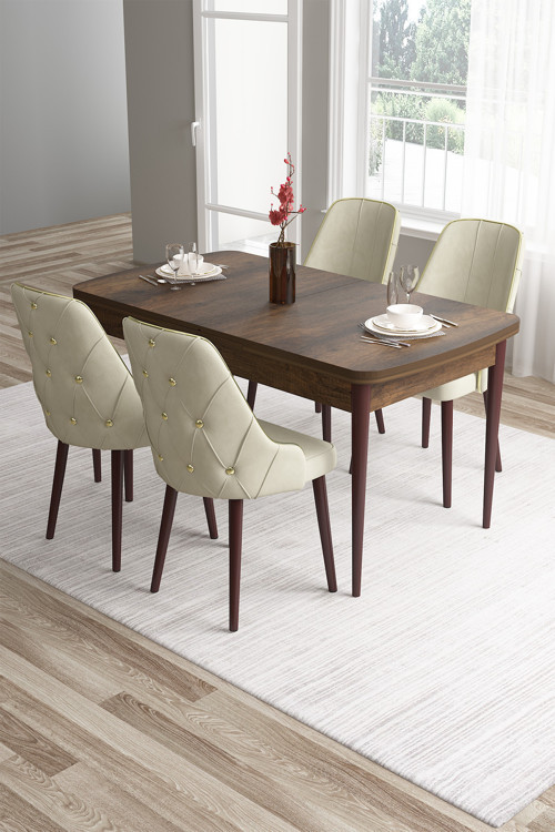 Concept Tia Serisi 80X132 Açılabilir Mdf Mutfak Masası Takımı Barok Desen Masa 4 Krem Sandalye