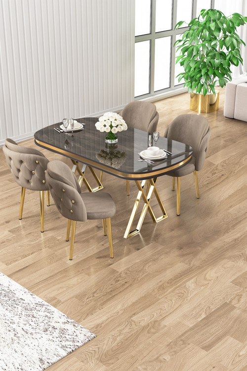 Concept Zae Serisi 90X168 Lak Panel Antrasit Ironi Gold Ayak Masa Takımı 4 Cappucino Sandalye