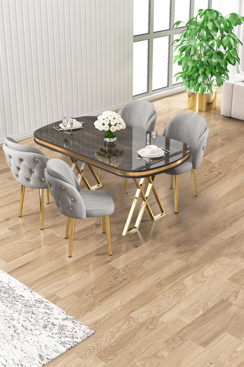 Concept Zae Serisi 90X168 Lak Panel Antrasit Ironi Gold Ayak Masa Takımı 4 Gri Sandalye