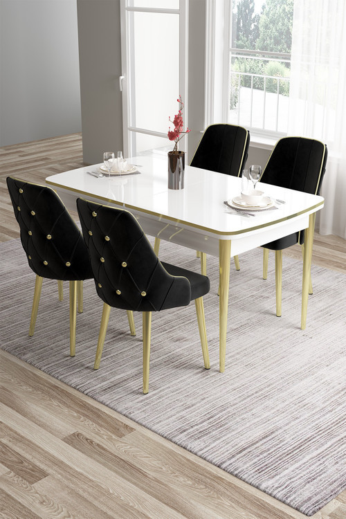 Concept Tia Serisi 80X132 Açılabilir Mdf Gold Detay Beyaz Masa Takımı Ve 4 Siyah Sandalye