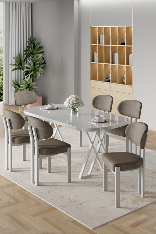 Concept Radon Serisi Mdf 90X168 Sabit Beyaz Mutfak Masası Takımı 6 Cappucino Sandalye