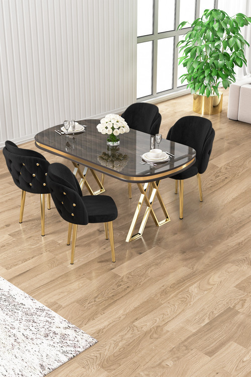 Concept Zae Serisi 90X168 Lak Panel Antrasit Ironi Gold Ayak Masa Takımı 4 Siyahsandalye