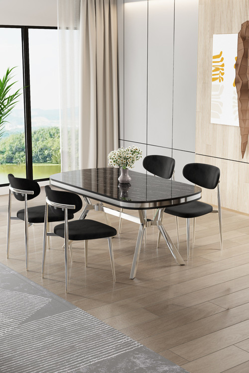 Concept Olya Serisi 90X168 Lak Panel Sonata Masa Takımı Krom Ayaklı 4 Siyah Sandalye