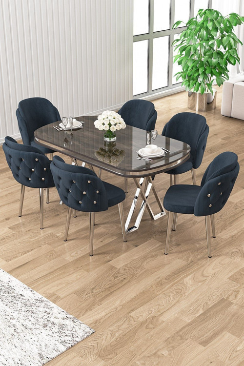 Concept Zae Serisi 90X168 Lak Panel Antrasit Ironi Krom Ayak Masa Takımı 6 Antrasit Sandalye