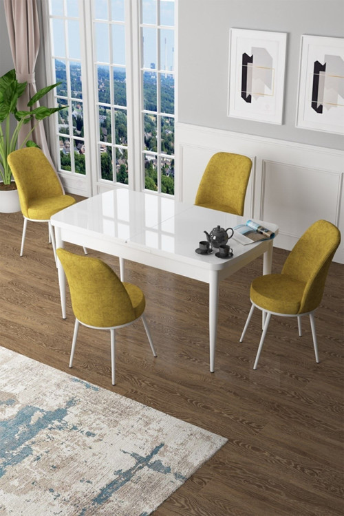 Zen Serisi 80x132 Mdf Açılabilir Beyaz Masa Takımı Ve 4 Hardal Sandalye