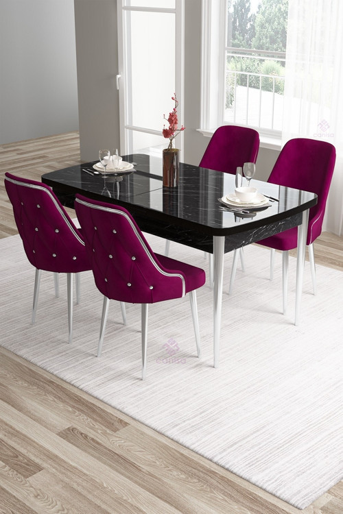 Concept Tia Serisi, Siyah Mermer 80X132 Açılabilir Mdf Yemek Odası Takımı 4 Mürdüm Sandalye Gümüş Detay