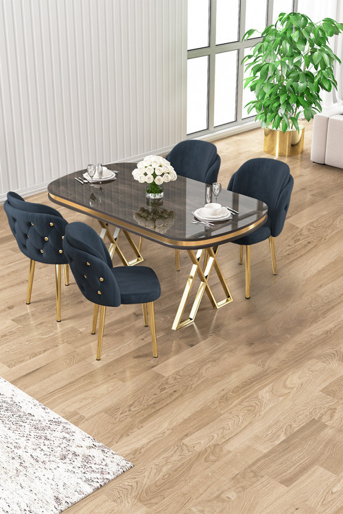 Concept Zae Serisi 90X168 Lak Panel Antrasit Ironi Gold Ayak Masa Takımı 4 Antrasit Sandalye