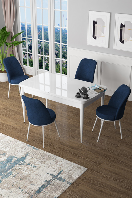 Zen Serisi 80x132 Mdf Açılabilir Beyaz Masa Takımı Ve 4 Lacivert Sandalye